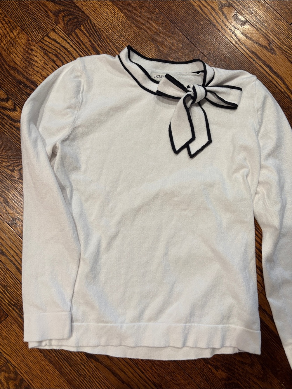 J. Crew White Sweater with Black-Trim Bow Neck